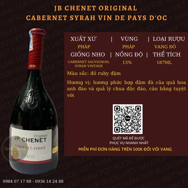 VANG ĐỎ JB CHENET ORIGINAl CABERNET SYRAH VIN DE PAYS D’OC 187ML – PHÁP – 13%