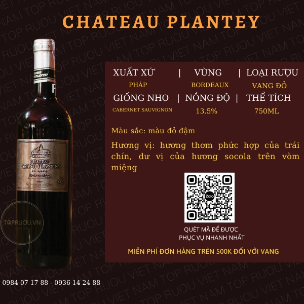 VANG đỏ CHATEAU GRAND PLANTEY BORDEAUX 750ML – PHÁP – 12%