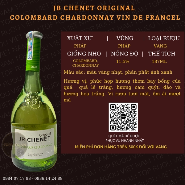 VANG TRẮNG JB CHENET ORIGINAl COLOMBARD CHARDONNAY VIN DE FRANCEL 187ML – PHÁP – 11.5%