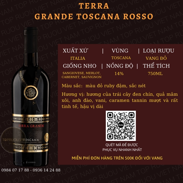 VANG ĐỎ TERRA GRANDE TOSCANA ROSSO 750ML – ITALIA – 14%