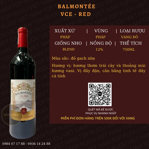 VANG ĐỎ BALMONTÉE VCE – RED – 750ML – PHÁP – 12%