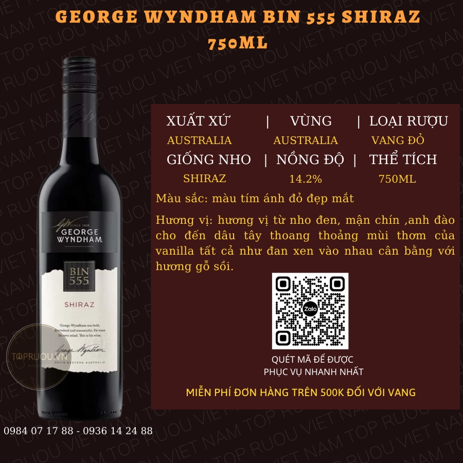 GEORGE WYNDHAM BIN 555 SHIRAZ 750ML – AUSTRALIA – 14.2%