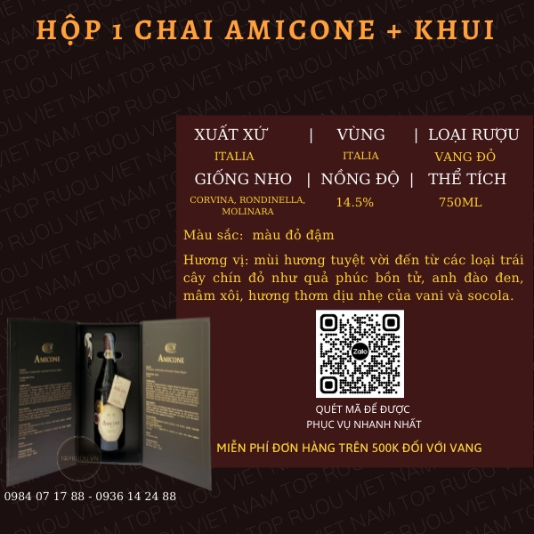 VANG ĐỎ HỘP 1 CHAI AMICONE + KHUI 750ML – ITALIA – 14.5%