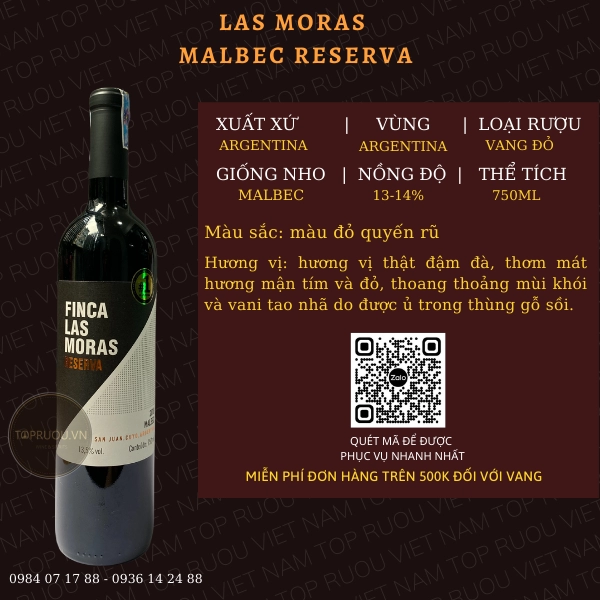 VANG ĐỎ LAS MORAS MALBEC RESERVA 750ML – ARGENTINA – 13-14%