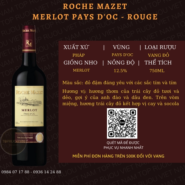 VANG ĐỎ ROCHE MAZET MERLOT PAYS D’OC – ROUGE 750ML – PHÁP – 12.5%