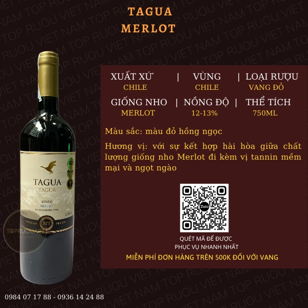 VANG ĐỎ TAGUA MERLOT 750ML – CHILE – 12-13%