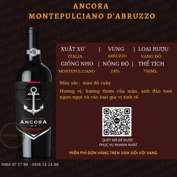 VANG ĐỎ ANCORA MONTEPULCIANO D’ABRUZZO 750ML – ITALIA – 14%