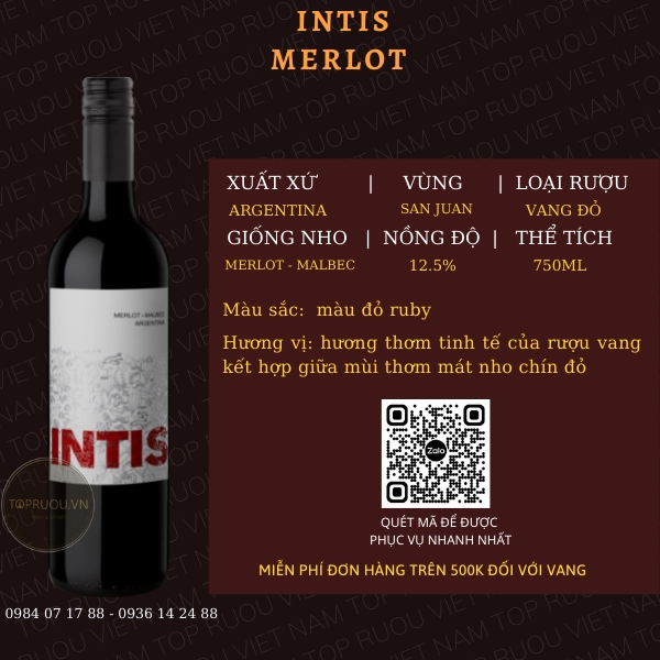 VANG ĐỎ INTIS MERLOT 750ML – ARGENTINA – 12.5%