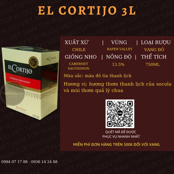 VANG ĐỎ EL CORTIJO 3L – CHILE – 13.5%