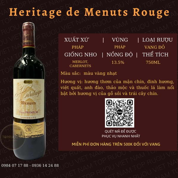 VANG ĐỎ HERITAGE DE MENUTS ROUGE 750ML – PHÁP – 13.5%