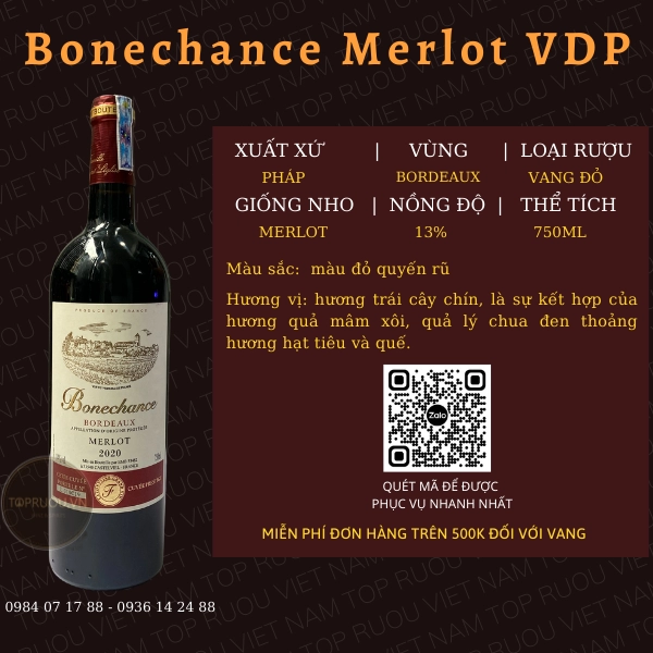 VANG ĐỎ BONECHANCE MERLOT VDP 750ML – PHÁP – 13%