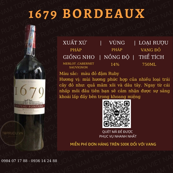 VANG ĐỎ 1679 BORDEAUX 750ML – PHÁP – 14%