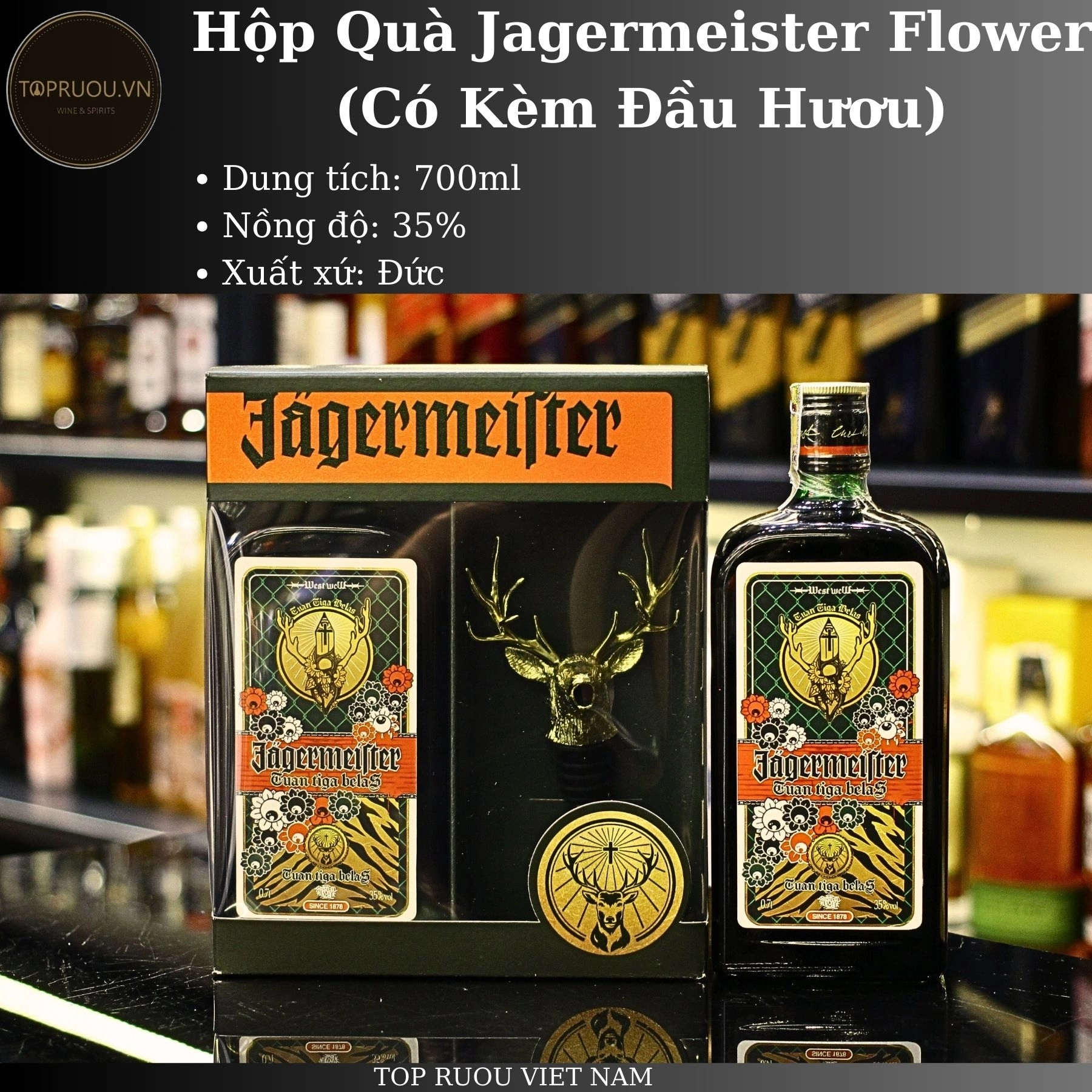 Hộp Quà Jagermeister Flower (Có Kèm Đầu Hươu) – 700ml – 35% – Đức